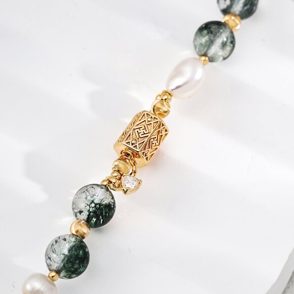 Healing Green Phantom Quartz & Pearl Bracelet | S925 Silver Gold-Tone Crystal - Picture 2 of 4